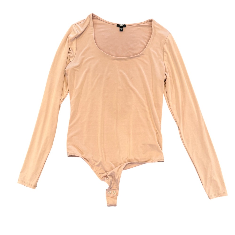 Express Body Contour Tan Scoop Neck Long Sleeve Bodysuit Neutral Minimalist Sz M - Picture 2 of 8